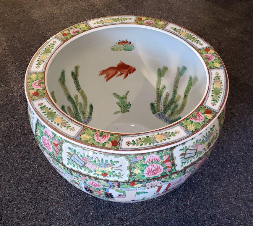 Vintage 20th Century Chinese Porcelain Fish Bowl With Round Glass Top as Coffee or Center Table 