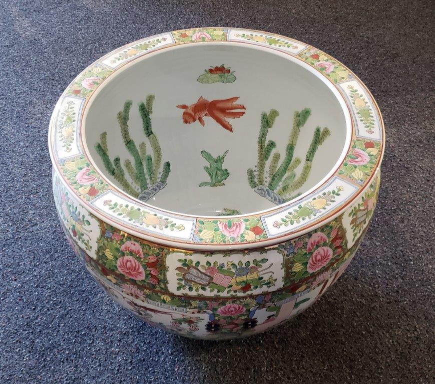 Vintage 20th Century Chinese Porcelain Fish Bowl With Round Glass Top as Coffee or Center Table 