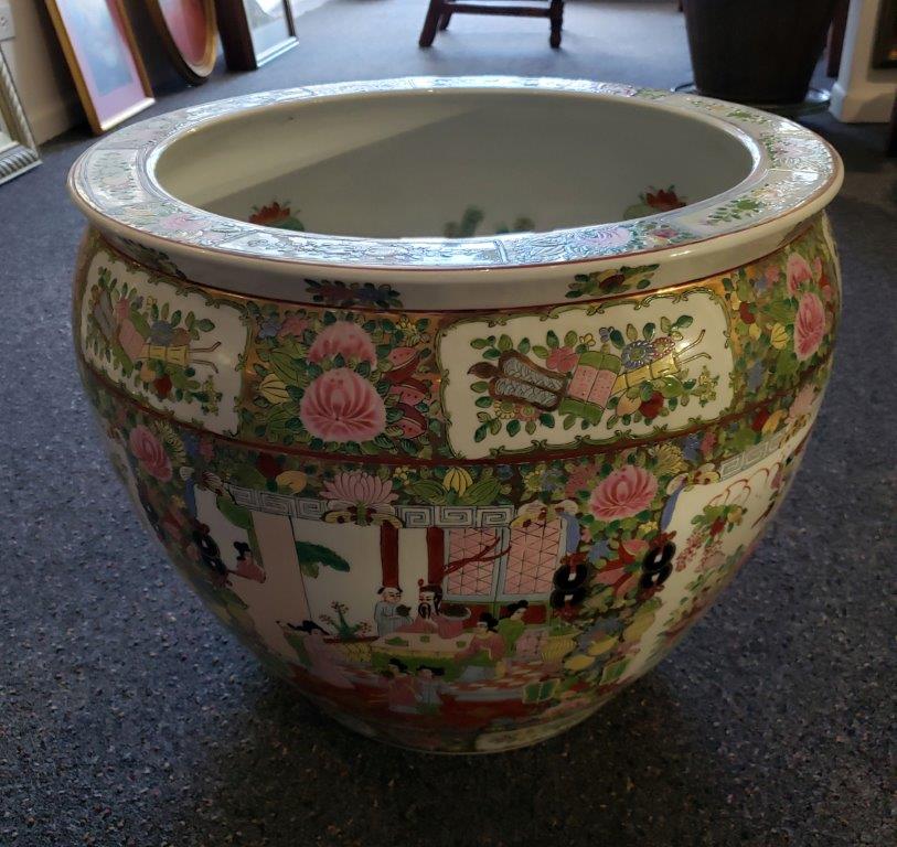 Vintage 20th Century Chinese Porcelain Fish Bowl With Round Glass Top as Coffee or Center Table 