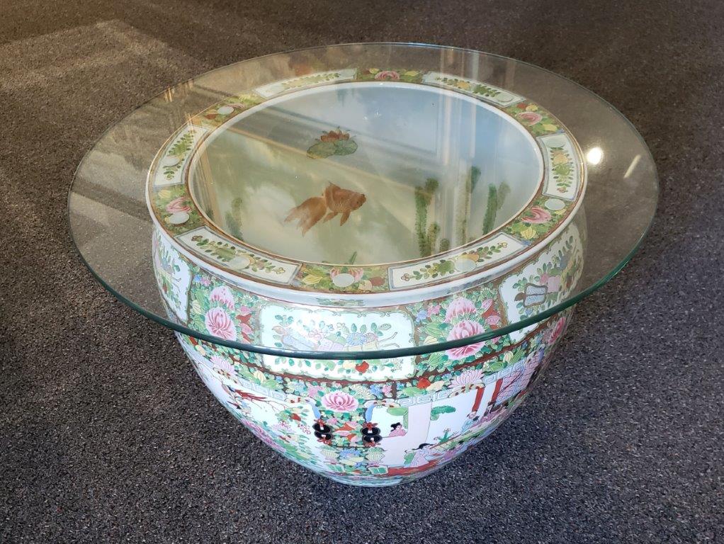 Vintage 20th Century Chinese Porcelain Fish Bowl With Round Glass Top as Coffee or Center Table 