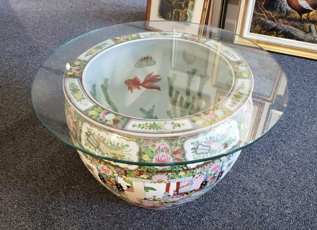 Vintage 20th Century Chinese Porcelain Fish Bowl With Round Glass Top as Coffee or Center Table 