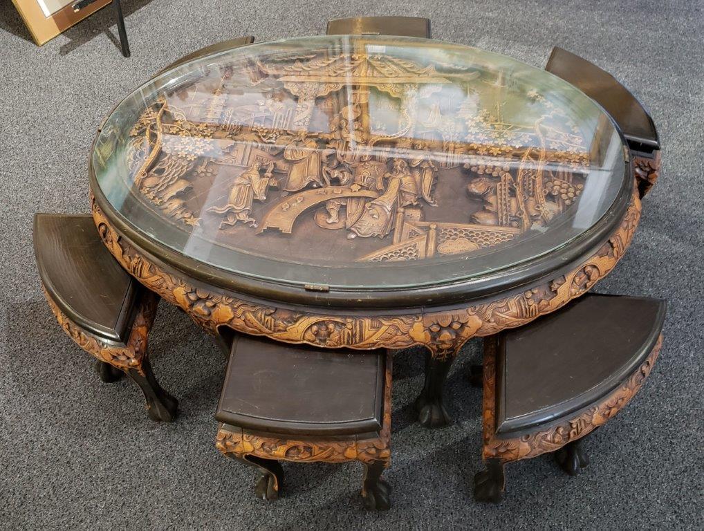 Chinese Oval Coffee Table with Hand-Carved King in Palace Scene and Six Stools