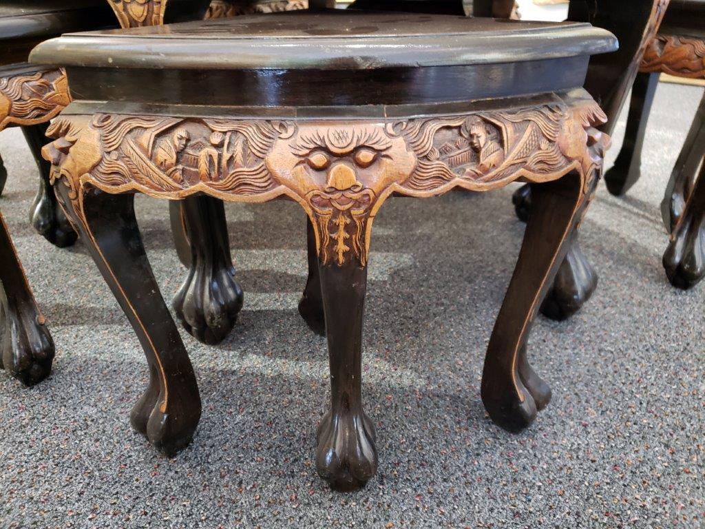 Chinese Oval Coffee Table with Hand-Carved King in Palace Scene and Six Stools