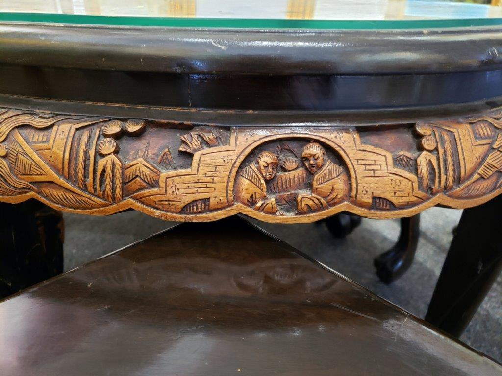 Chinese Oval Coffee Table with Hand-Carved King in Palace Scene and Six Stools