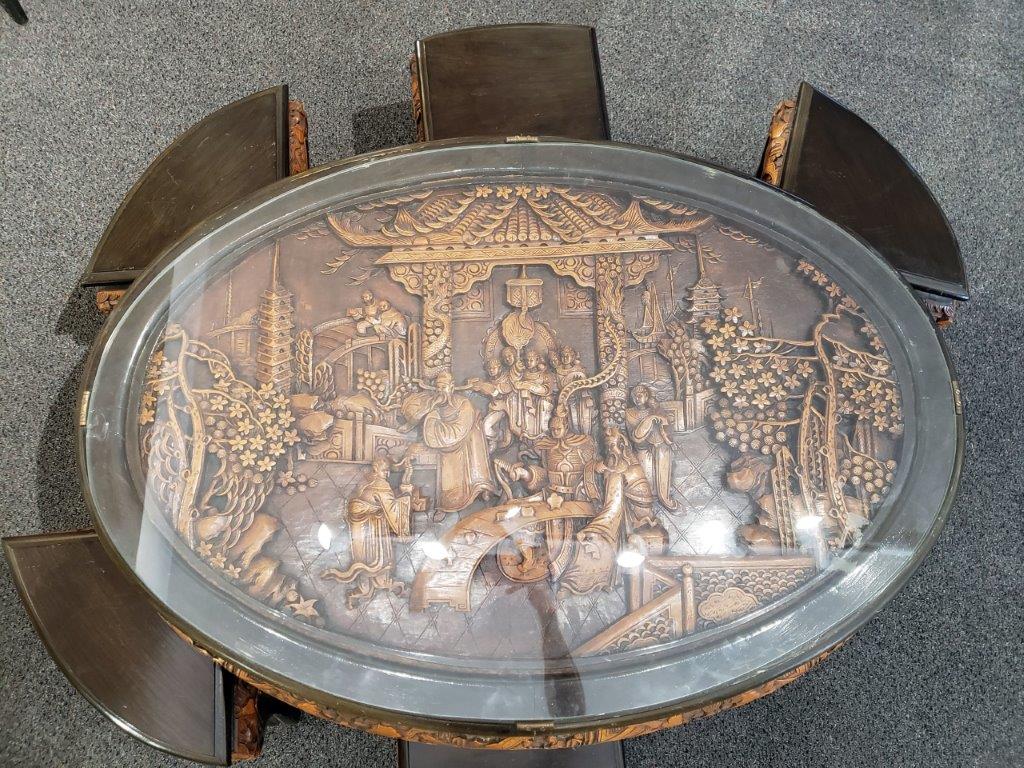 Chinese Oval Coffee Table with Hand-Carved King in Palace Scene and Six Stools