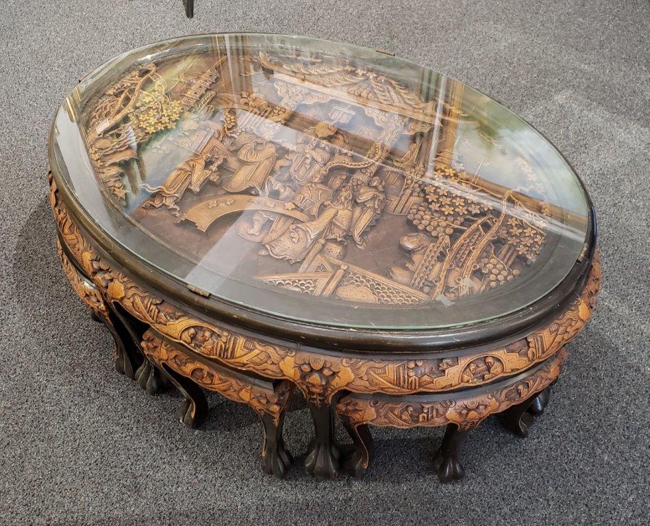 Chinese Oval Coffee Table with Hand-Carved King in Palace Scene and Six Stools