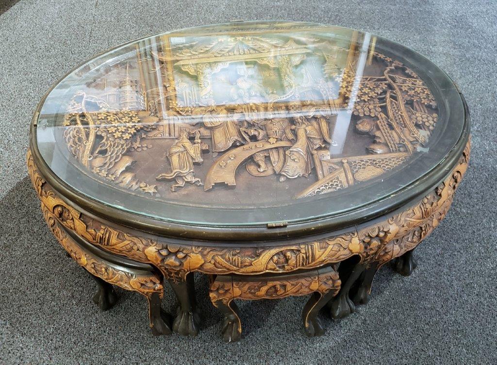 Chinese Oval Coffee Table with Hand-Carved King in Palace Scene and Six Stools