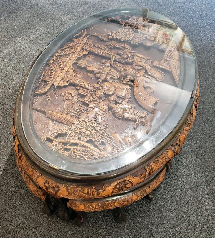 Chinese Oval Coffee Table with Hand-Carved King in Palace Scene and Six Stools