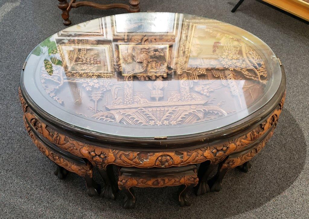 Chinese Oval Coffee Table with Hand-Carved King in Palace Scene and Six Stools