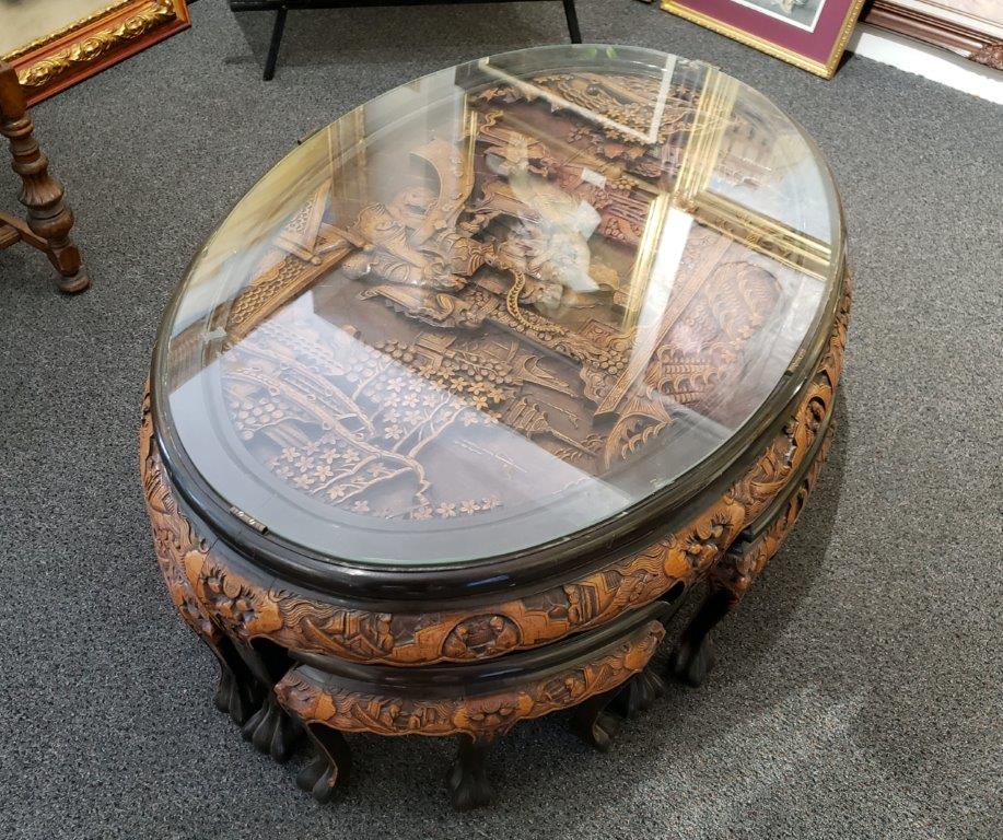 Chinese Oval Coffee Table with Hand-Carved King in Palace Scene and Six Stools