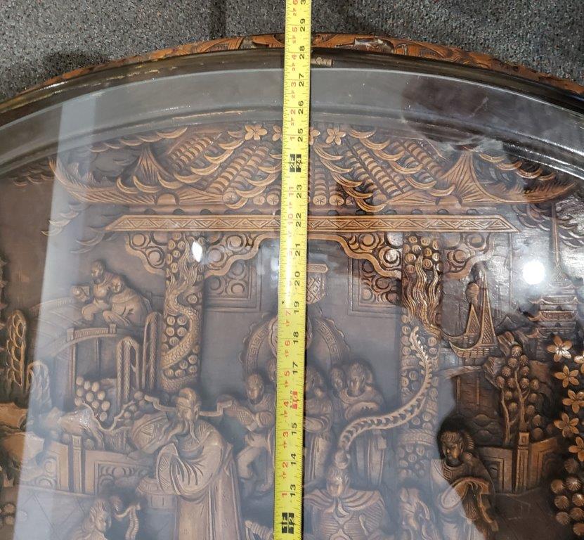 Chinese Oval Coffee Table with Hand-Carved King in Palace Scene and Six Stools