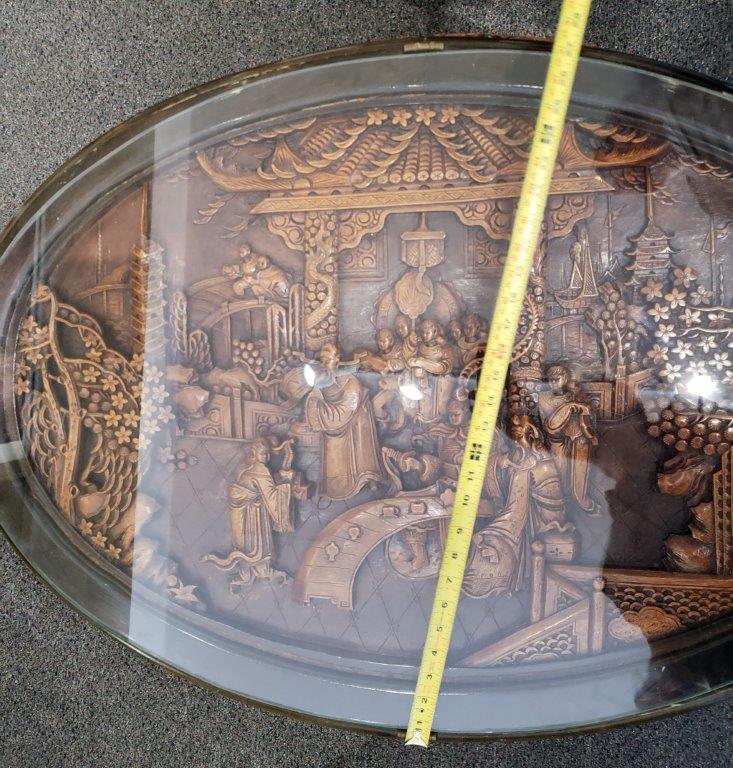 Chinese Oval Coffee Table with Hand-Carved King in Palace Scene and Six Stools