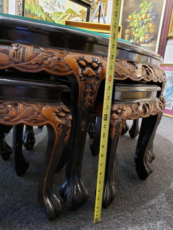 Chinese Oval Coffee Table with Hand-Carved King in Palace Scene and Six Stools